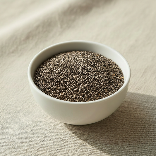 Chia Seeds in a ceramic bowl on linen