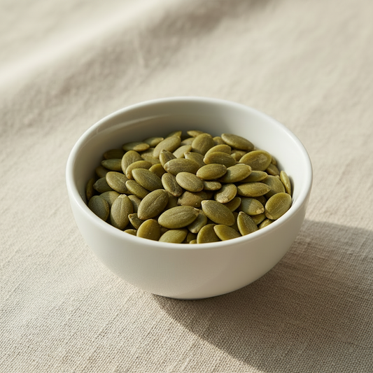 Pumpkin Seeds in a ceramic bowl on linen