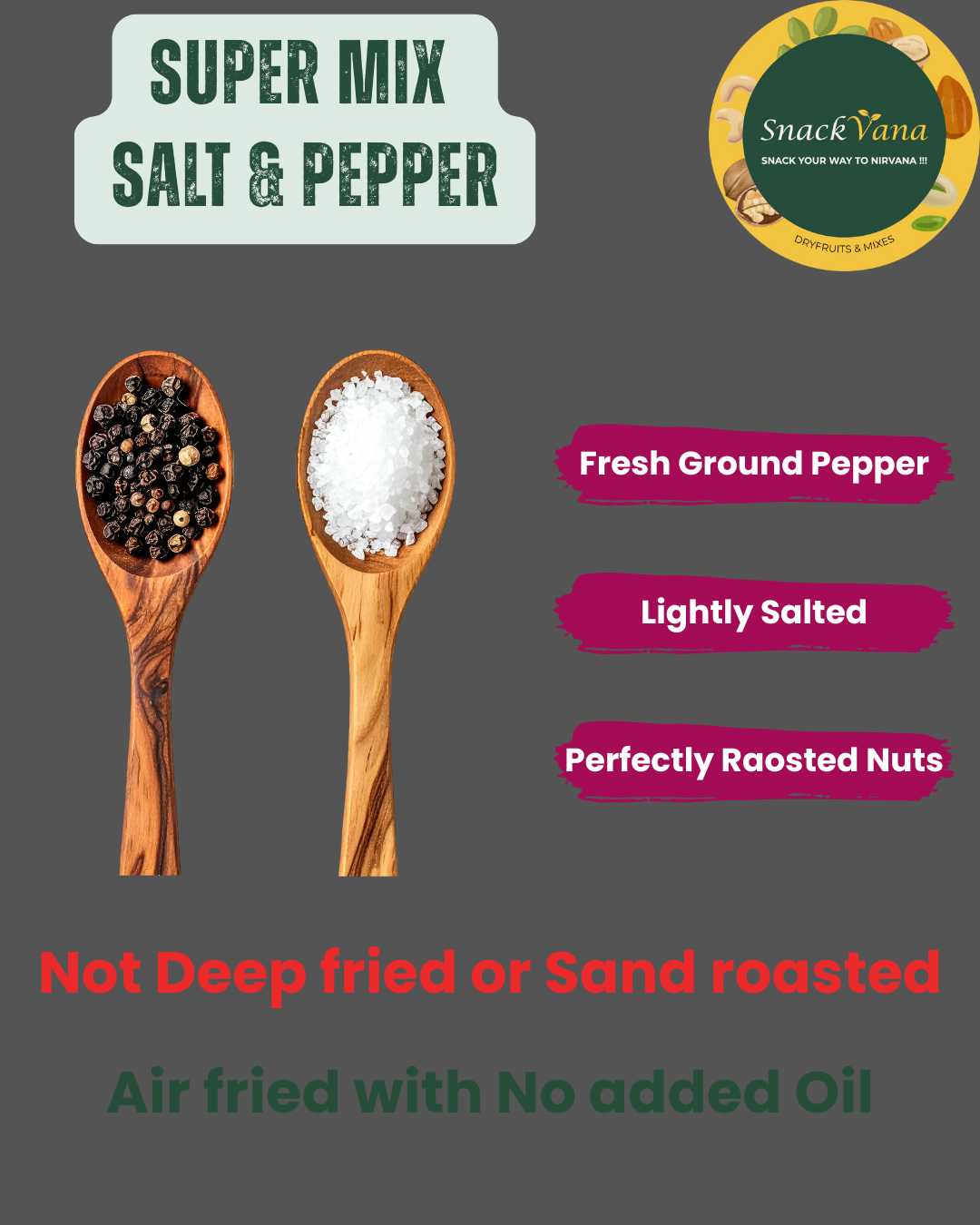 Premium nut mix ingredients - 8 nuts, 5 seeds, 3 berries, salt and pepper