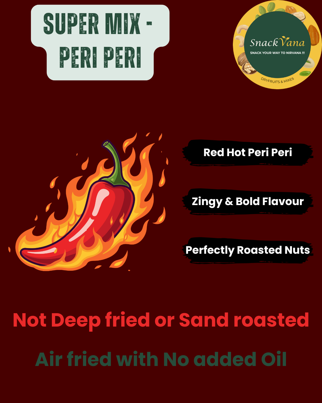 Air-fried nuts, berries and seeds with peri peri spice coating - fiery hot 
