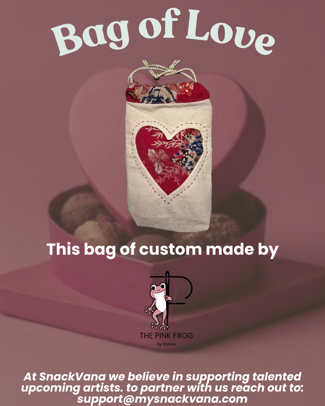 SnackVana - Pink Frog partnership special drawstring bag  used to pack to product perfect for gifting