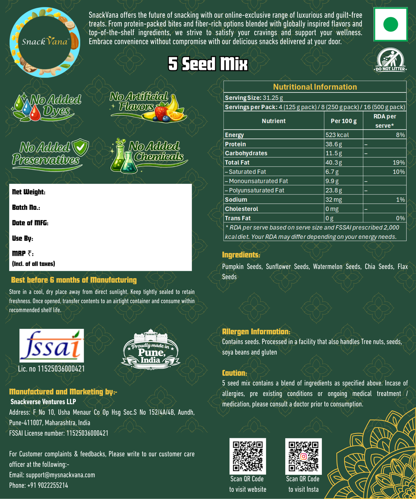 Nutritional, storage, allergen and manufacturer information for 5-Seed-Mix