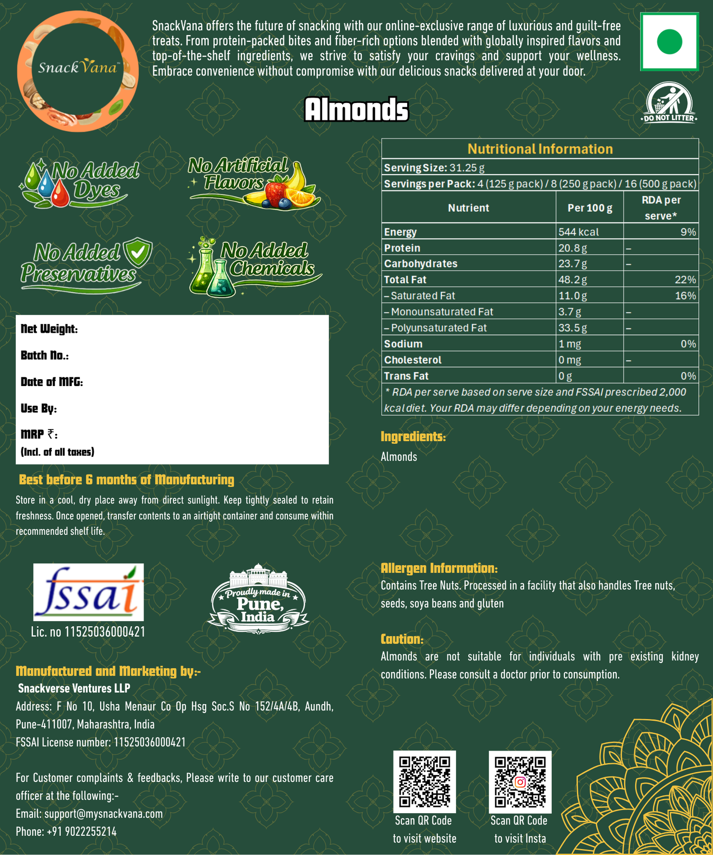 Nutritional, storage, allergen and manufacturer information for Almonds