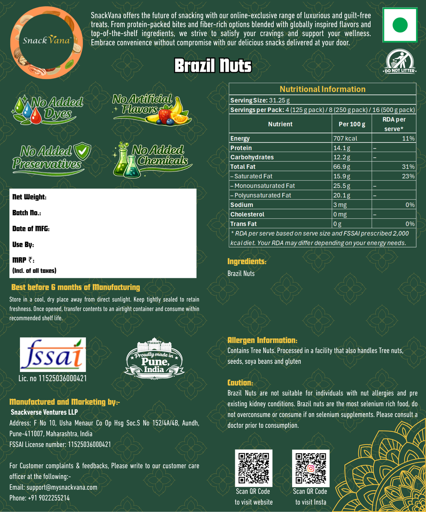 Nutritional, storage, allergen and manufacturer information for Brazil Nuts