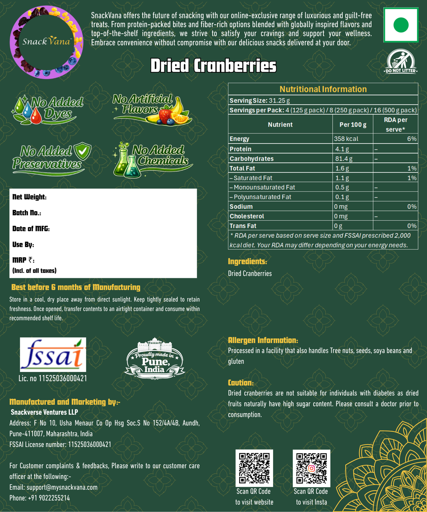 Nutritional, storage, allergen and manufacturer information for dried cranberries