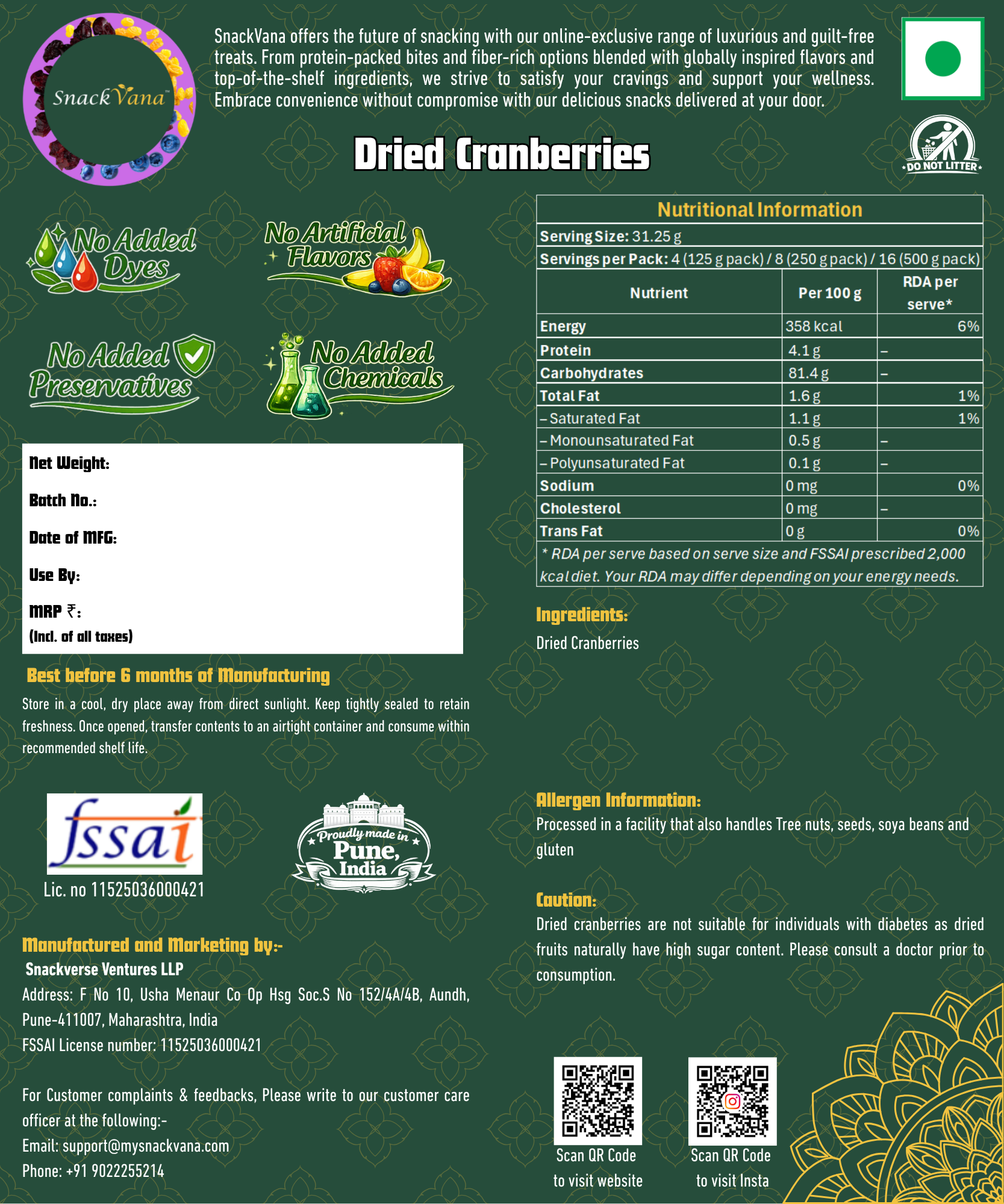 Nutritional, storage, allergen and manufacturer information for dried cranberries