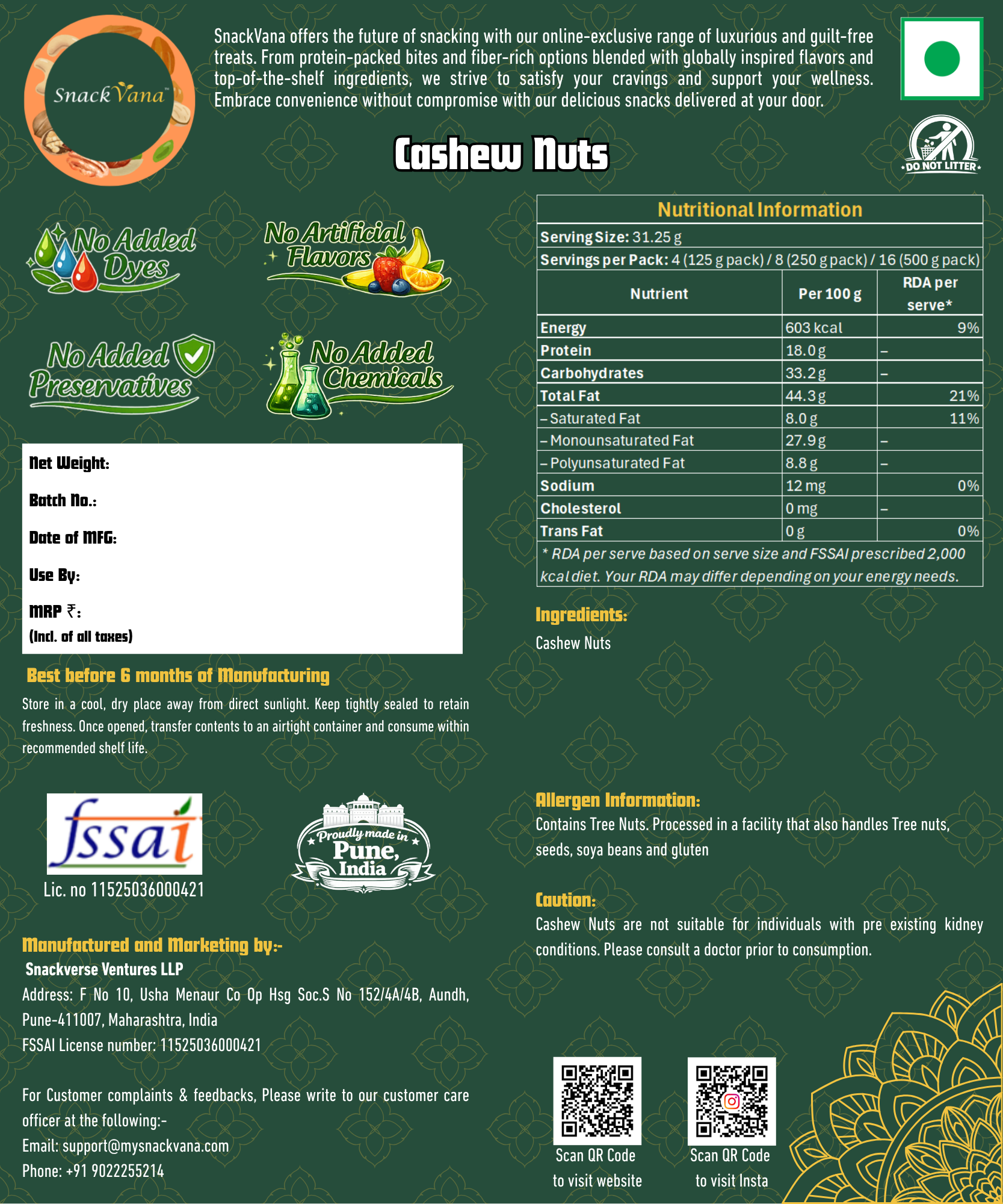 Nutritional, storage, allergen and manufacturer information for Cashew nuts