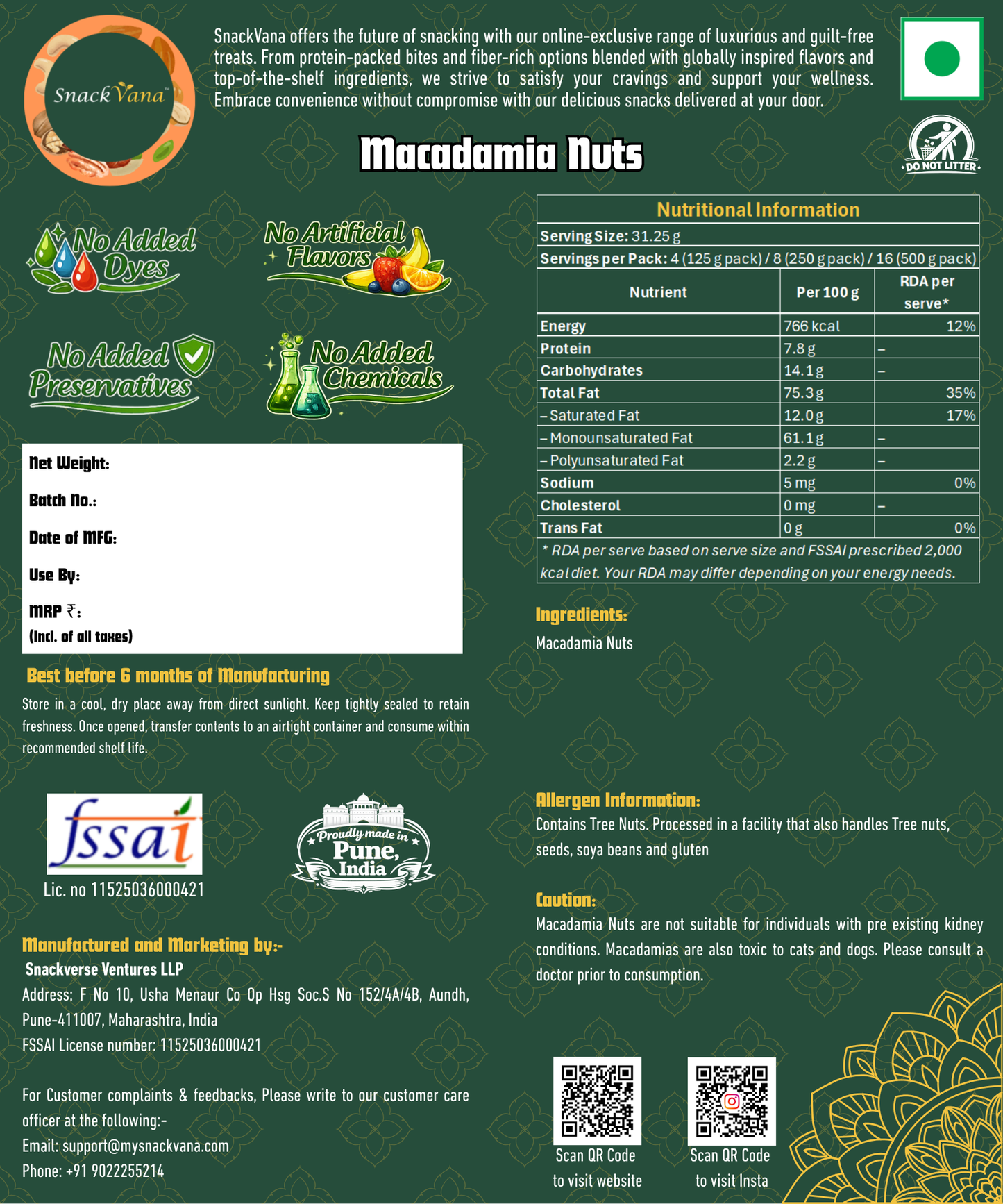 Nutritional, storage, allergen and manufacturer information for Macadamia nuts