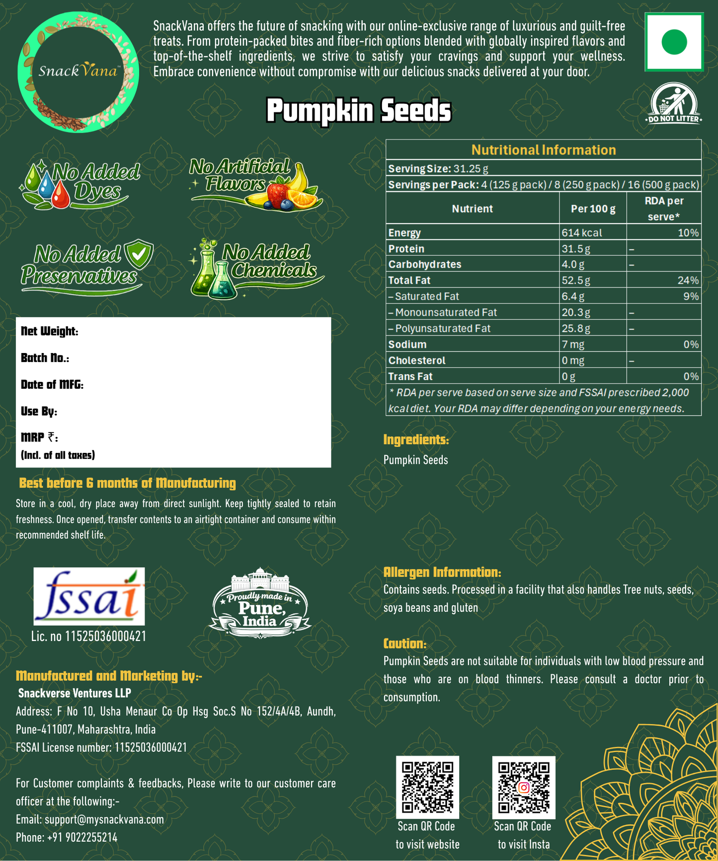 Nutritional, storage, allergen and manufacturer information for Pumpkin seeds