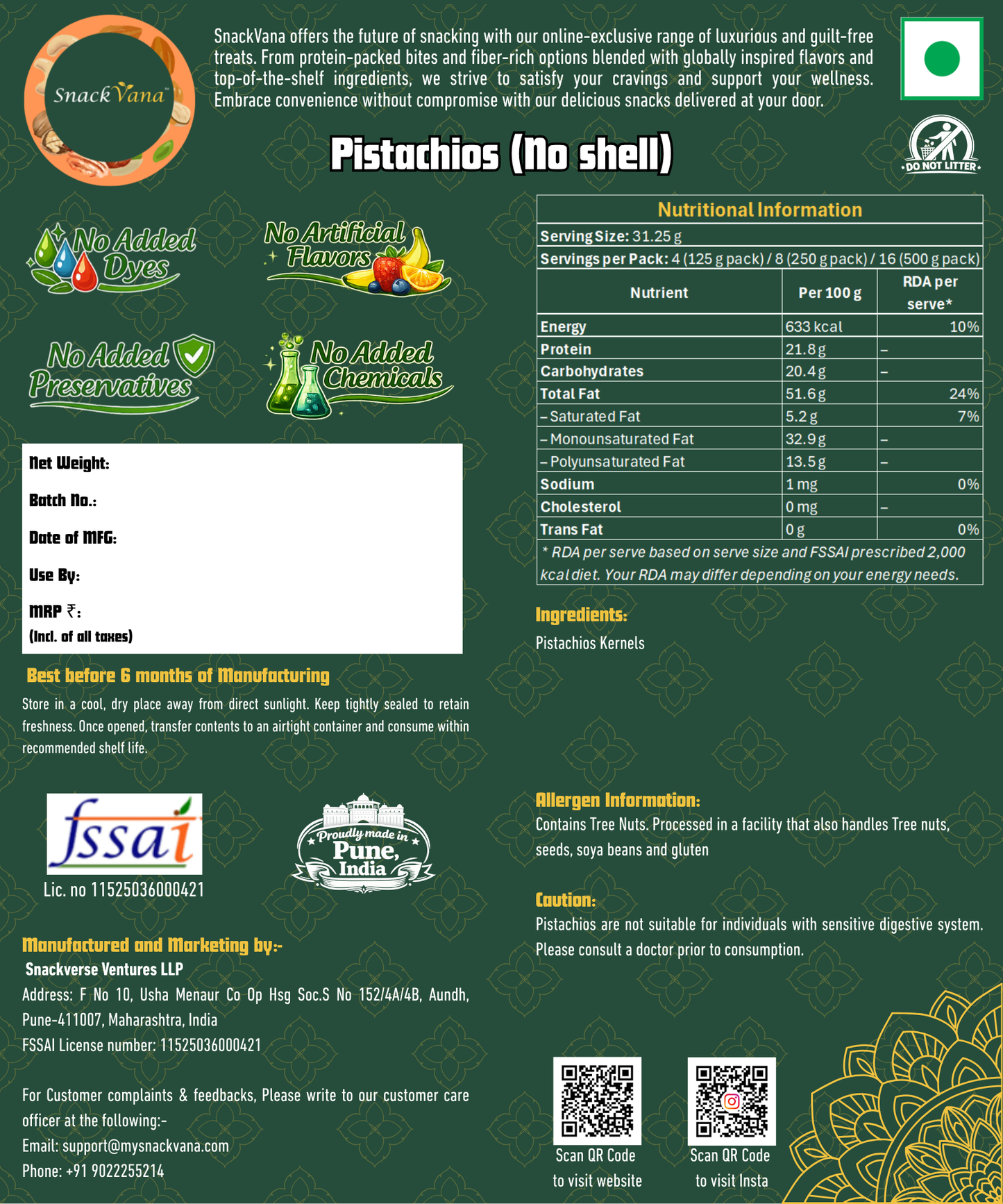 Nutritional, storage, allergen and manufacturer information for Pistachios