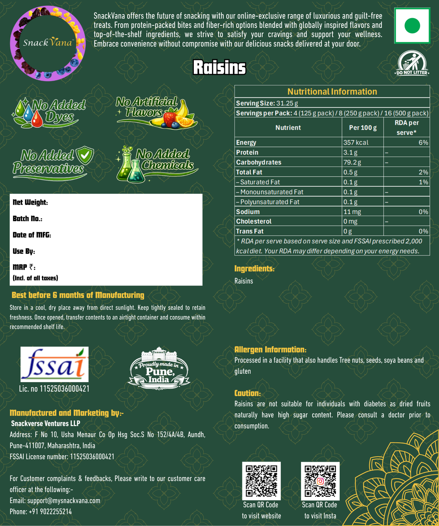 Nutritional, storage, allergen and manufacturer information for Raisins