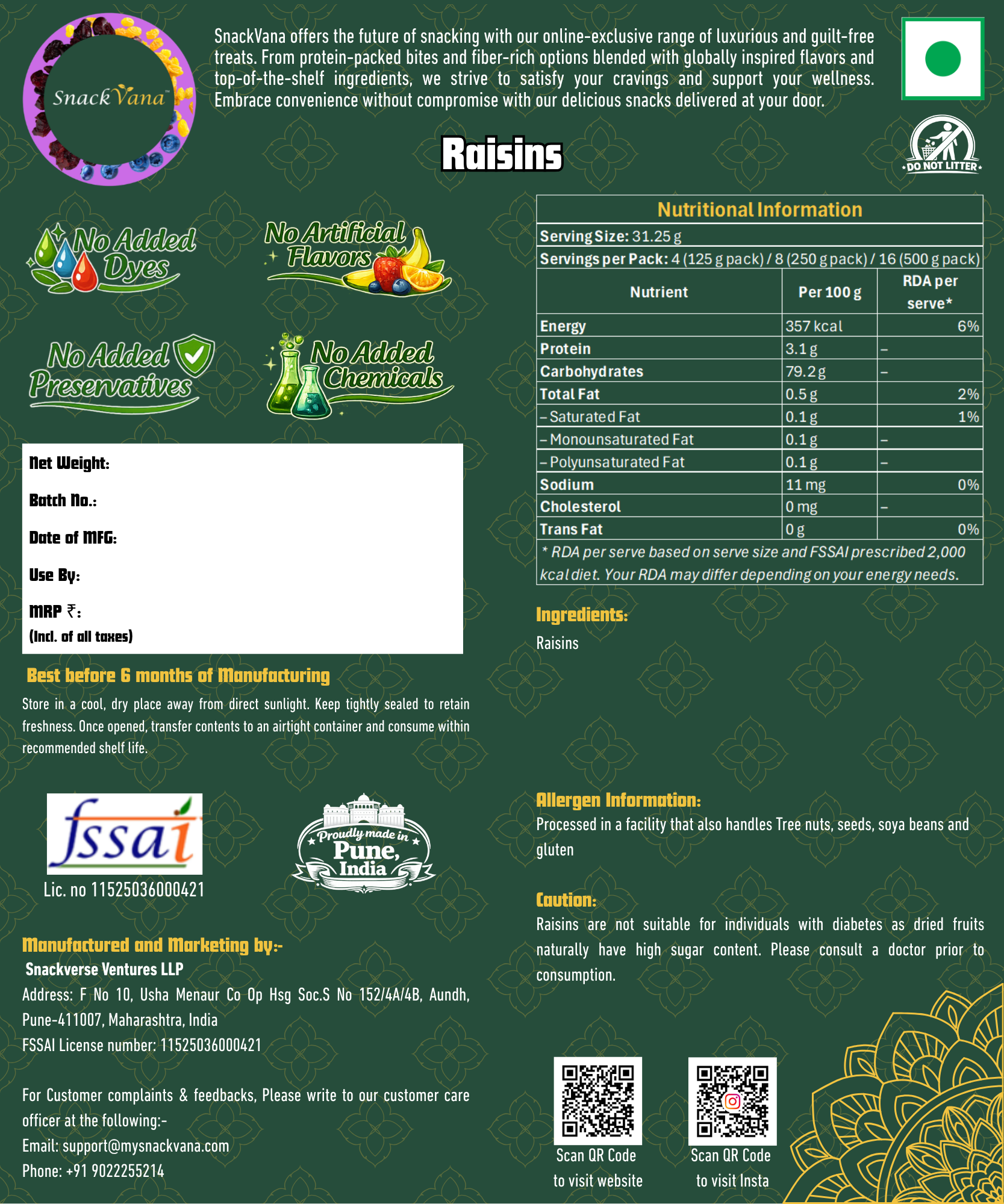 Nutritional, storage, allergen and manufacturer information for Raisins