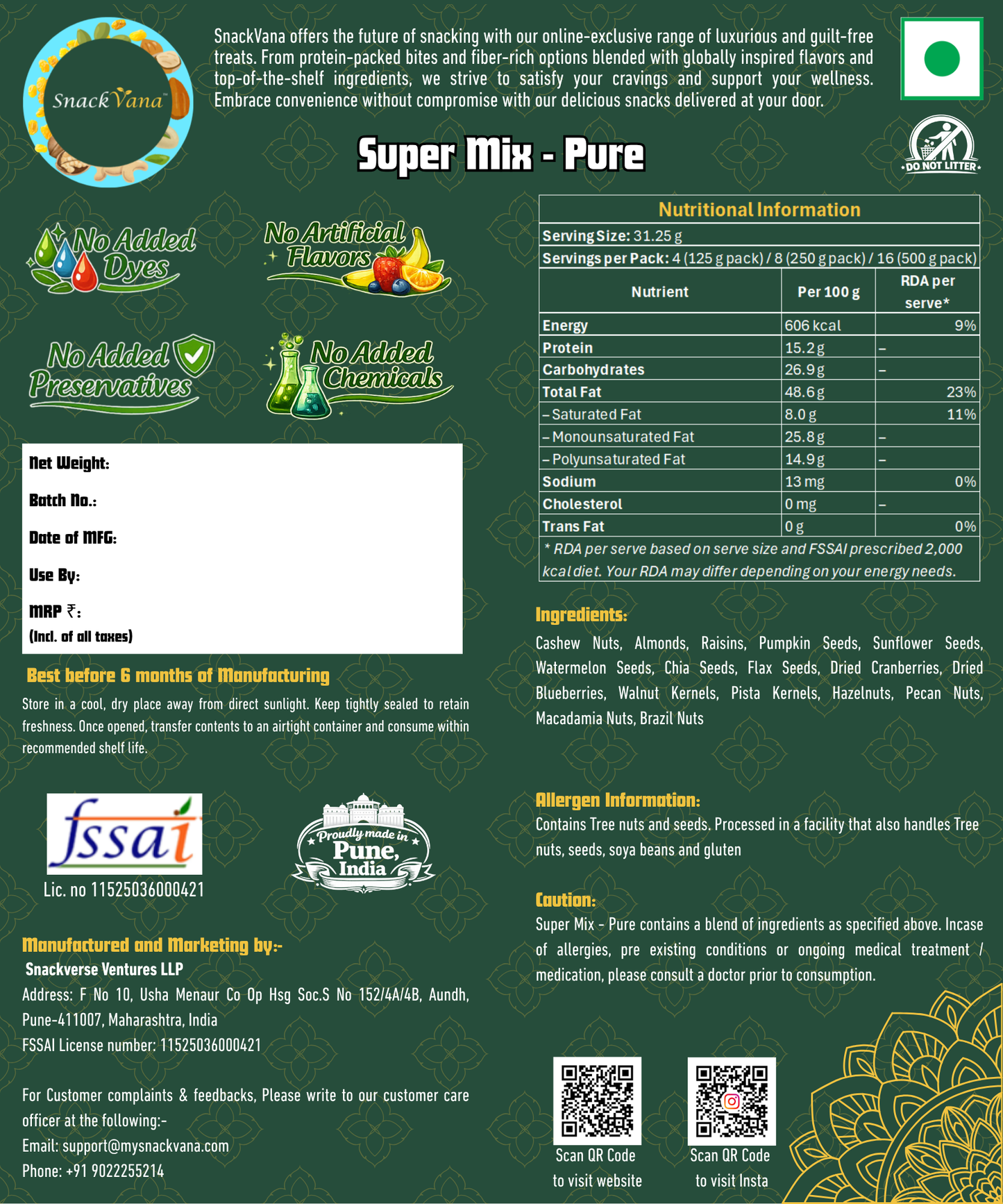 Nutritional, storage, allergen and manufacturer information for Super Mix - Pure