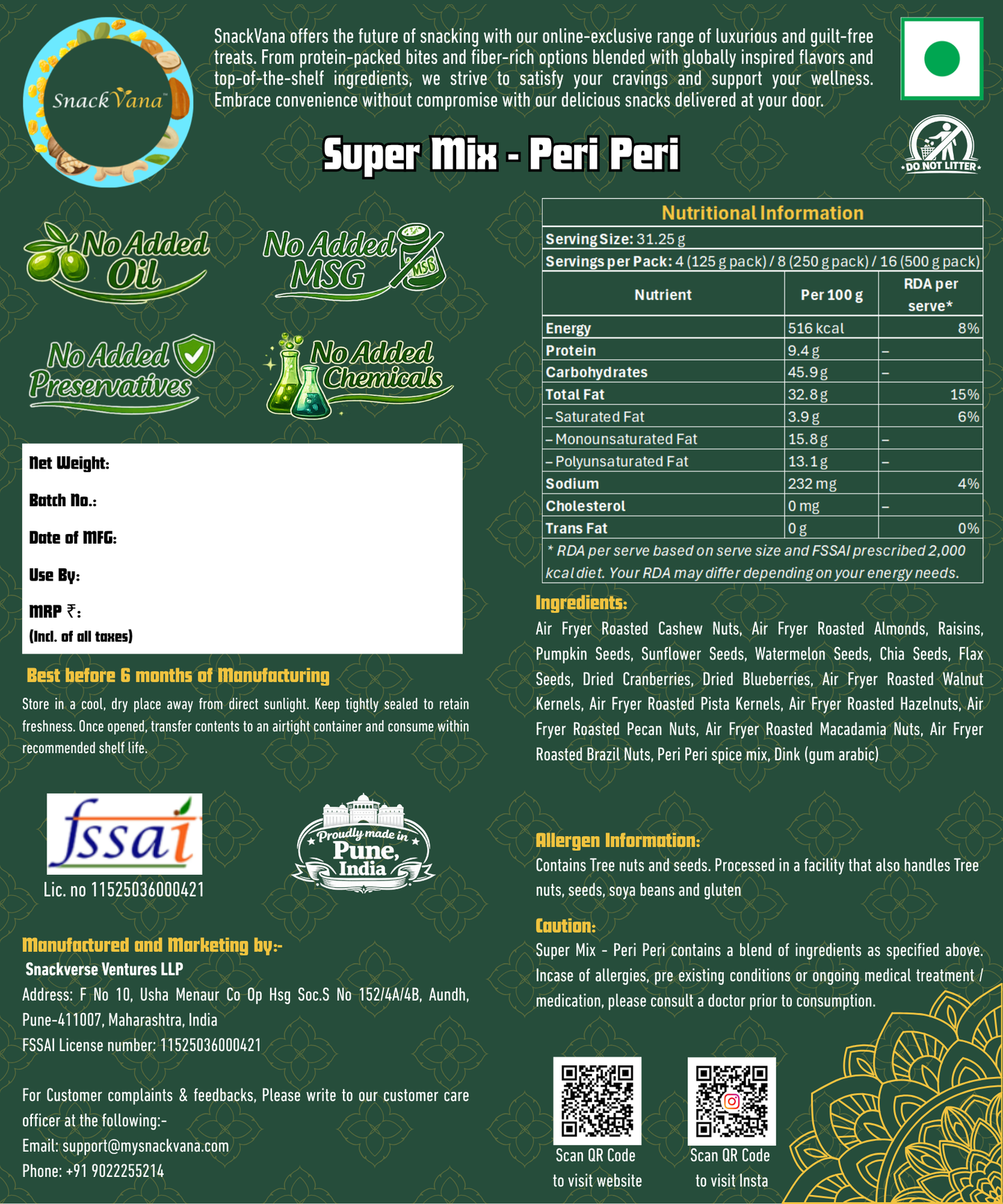 Nutritional, storage, allergen and manufacturer information for Super Mix - Peri Peri
