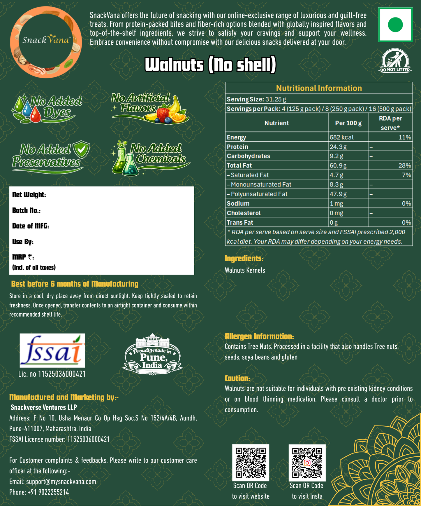 Nutritional, storage, allergen and manufacturer information for Walnuts