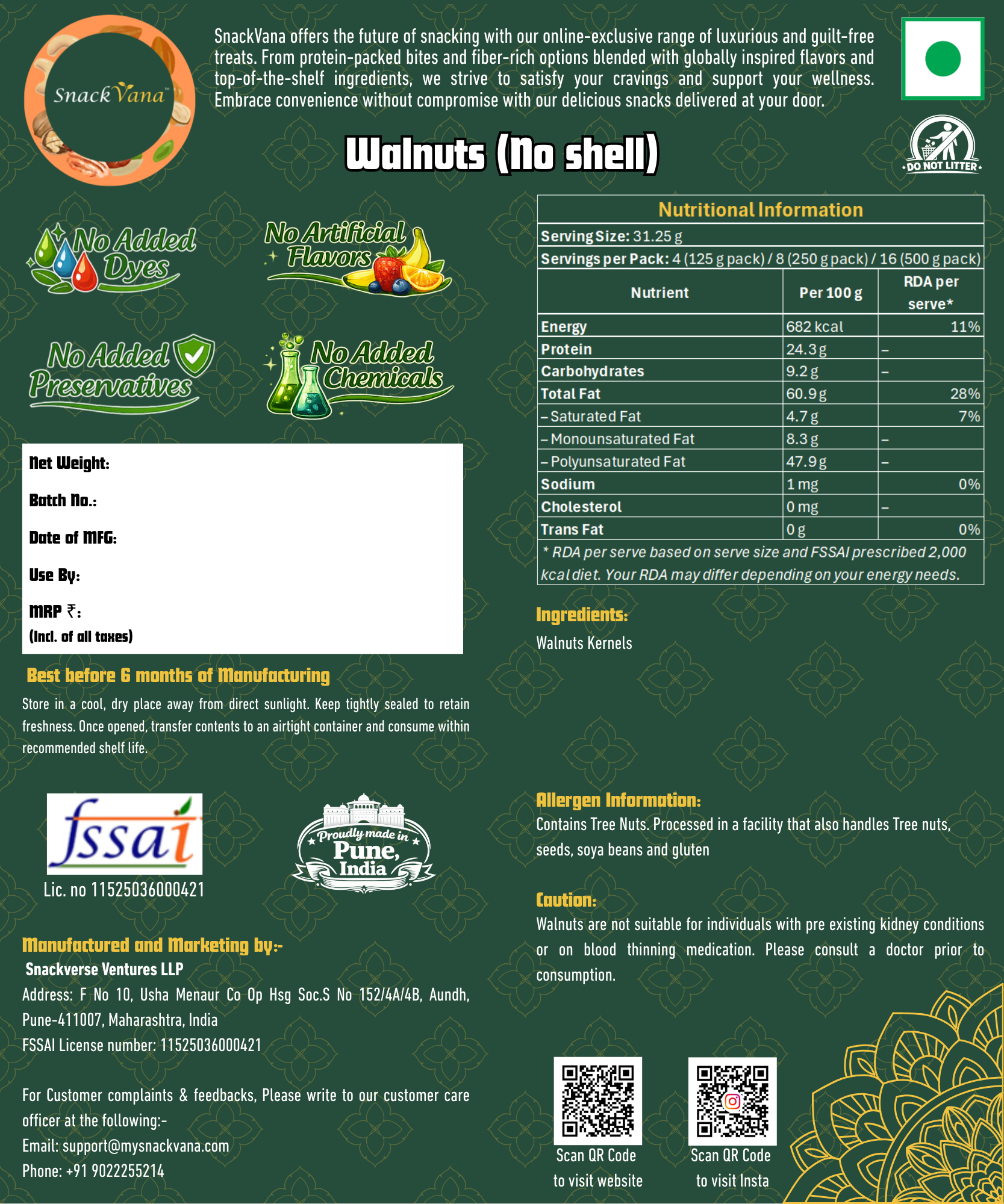 Nutritional, storage, allergen and manufacturer information for Walnuts