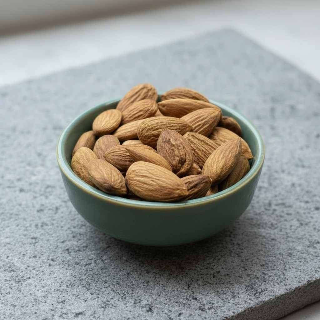 Almonds in a ceramic bowl on a stone slab