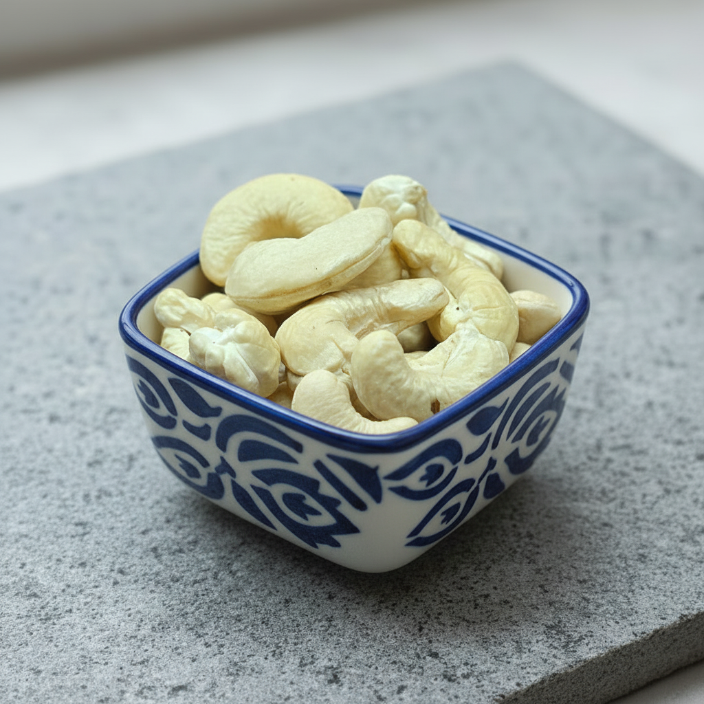 Cashew nuts in a ceramic bowl on a stone slab