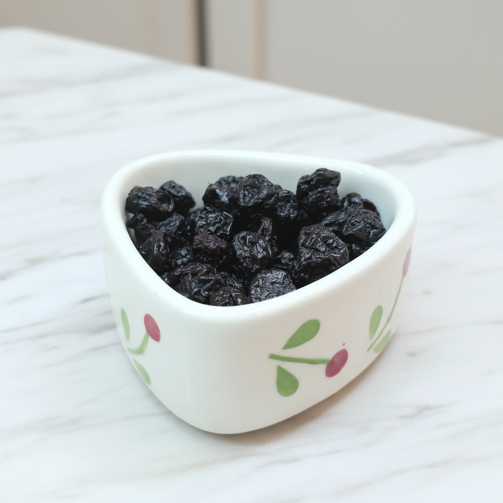 Dried Blueberries in a ceramic bowl on a marble table