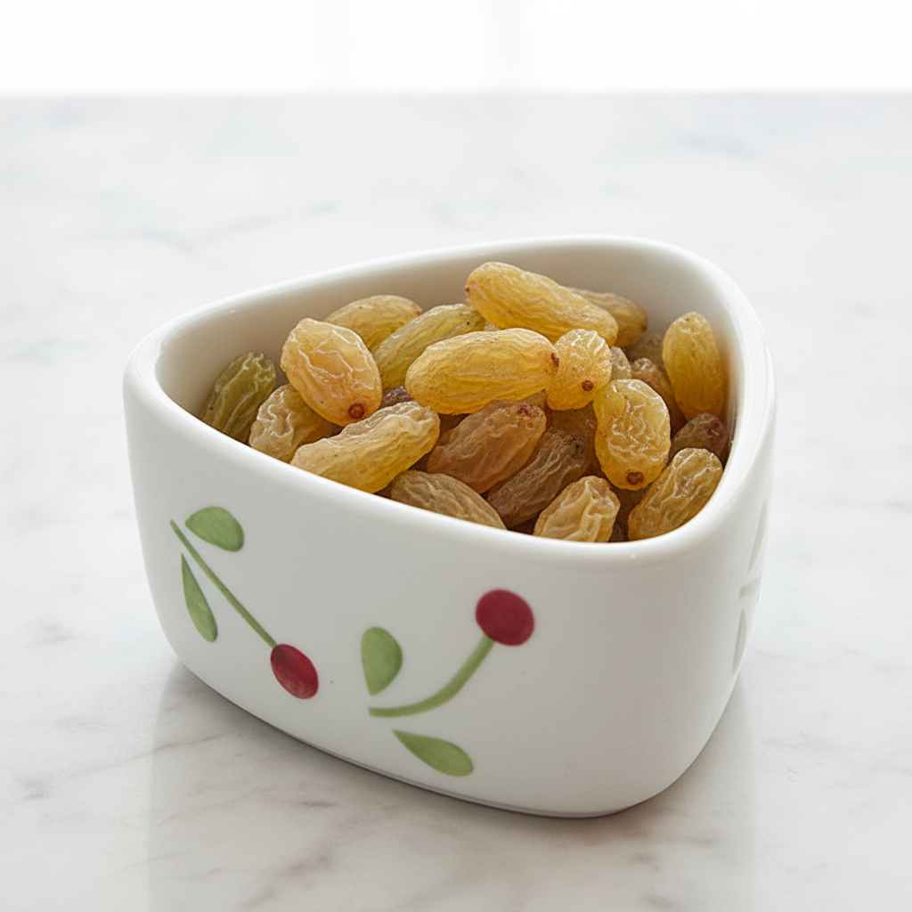 Raisins in a ceramic bowl on a marble table