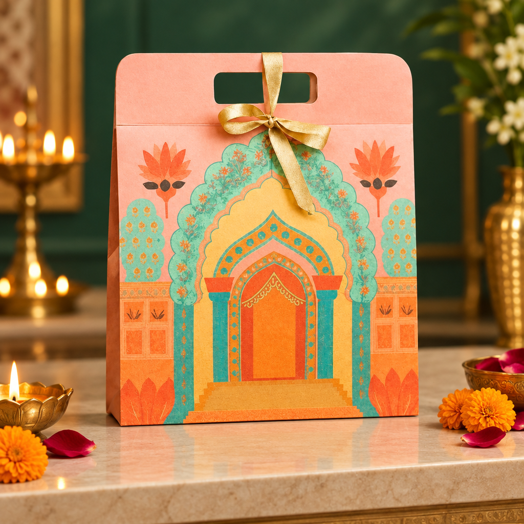 Festive lifestyle image for handled gift-box packaging