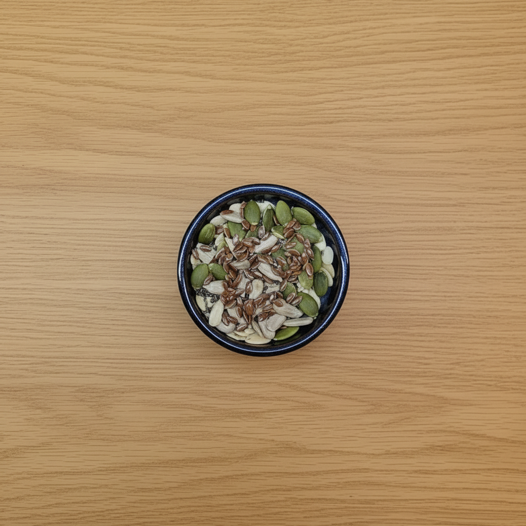 5 Seed mix in a ceramic bowl on wooden table