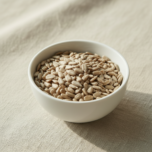 Sunflower Seeds in a ceramic bowl on linen